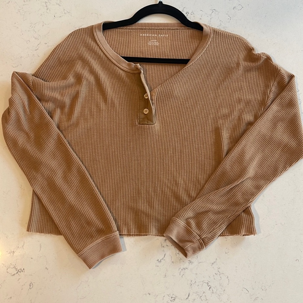 American Eagle Cropped Long Sleeve Waffle Top